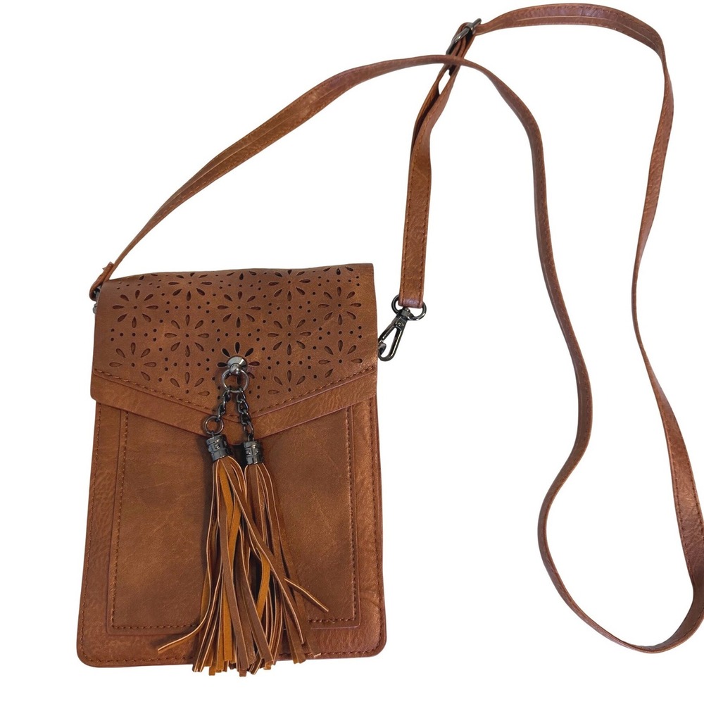 INICAT Crossbody Bag Womens OS Brown Excellent Laser Cut Tassel Phone Purse